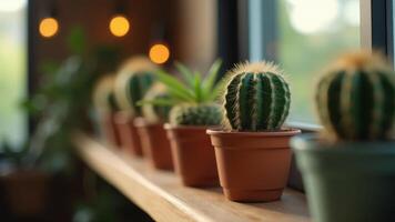 Row Of Potted Cacti Near Window photo