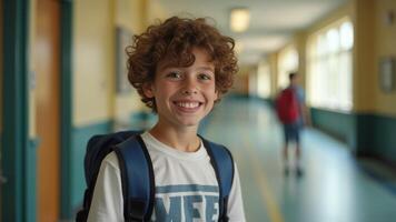Smiling Boy In School Hallway photo