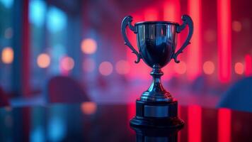 Silver Trophy On Reflective Table Surface photo