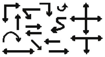 Pixel Art Black Directional Arrows. Simple Sign Directions Curved Backward curved, zigzag. Isolated illustration in retro 8-bit style. Concept pointer symbols Inspired by game aesthetic vector