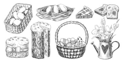 Easter set. Sketch style basket with eggs, paska, Easter cake, nest with eggs, sliced bread, piece of pie. Hand drawn bouquet of flowers in a watering can. Black and white Easter design elements vector