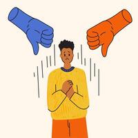 Man getting negative reactions, comments on social media. Harsh criticism. Person worried about criticism from others. Depression due to bullying. Stop violence. Opinion of others puts pressure on man vector