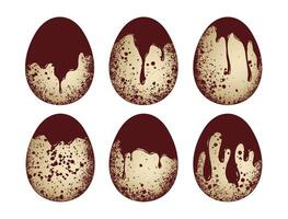 Set of Easter eggs isolated on white background. Realistic quail eggs dipped in chocolate. Eggs with chocolate streaks and texture. Sweet Easter holiday symbol vector