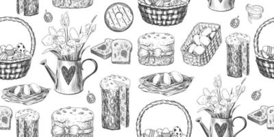 Easter seamless pattern with Easter design elements. Sketch style Easter cake, wicker basket with eggs, nest, cookie, paska. Garden watering can with flowers. Black and white festive background vector