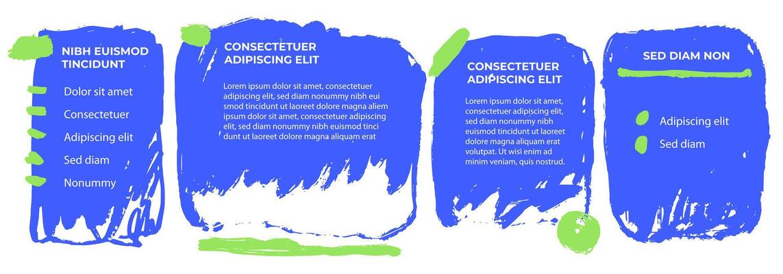 4 hand drawn text boxes collection. Data visualization. Design element for presentation with copy space. Workflow layout with list. Grunge brush strokes, textures. Frames for text. Speech bubbles
