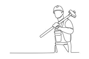 Single continuous line drawing male construction worker in hardhat holding sledgehammer on his shoulder. Foreman with hammer working at site. Dynamic one line draw graphic design illustration vector