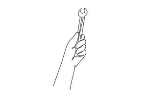 Single one line drawing hand of mechanic male holding stainless steel wrench key in workshop. Handyman or mechanic tools for repair or service. Continuous line draw design graphic illustration vector