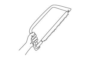 Single continuous line drawing hand of labor building holding hacksaw on working site. Handyman tools for cutting iron steel or wood. Construction job. One line draw graphic design illustration vector