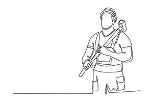 Single one line drawing young construction worker holding sledgehammer for repair highrise building. Builder with hammer working at site. Modern continuous line draw design graphic illustration vector