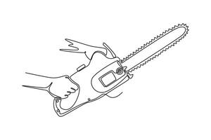 Continuous one line drawing hand of woodworker male holding chainsaw upward. Lumberjack tools for logging wood at forest. Home construction concept. Single line draw design graphic illustration vector