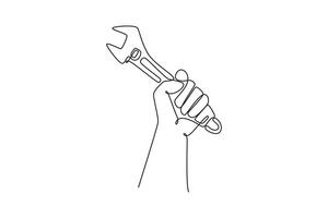Continuous one line drawing hand of professional male mechanic holding wrench key in workshop. Handyman tools for car repair or maintenance concept. Single line draw design graphic illustration vector