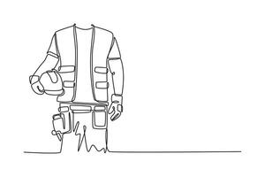 Single continuous line drawing male architect hand holding safety helmet or hard hat at site. Construction worker man with vest and protective gloves. One line draw graphic design illustration vector