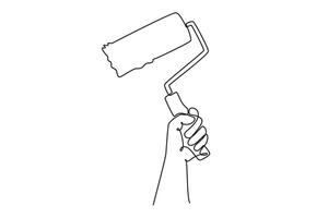 Continuous one line drawing hand of young carpenter holding roller paint brush in worksite. Handyman tool for wall decor renovation service concept. Single line draw design graphic illustration vector