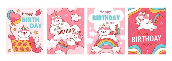 Cute cat posters. Cartoon unicorn kittens on card. Kawaii holiday invitation, Happy Birthday postcard with cute animal character. Magic caticorns and rainbow. concept with kitten vector