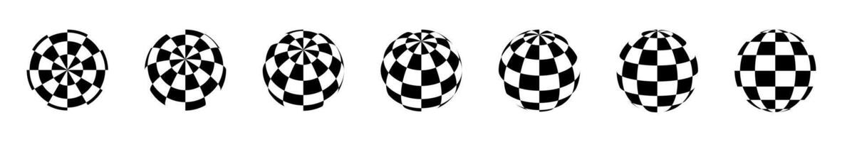 Checkered 3d globe. Abstract chess spheres. Brutalist Y2K geometric shapes elements. Black and white checkered texture on dynamic circle forms. Chess cells. pattern set vector