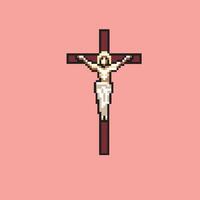 Jesus on the Cross in Pixel Art with cute pink background vector
