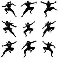 Set of Dynamic Ninja Jumping Silhouette in Action vector