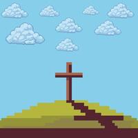 Golgotha Hill in Pixel Art with blue calm background vector