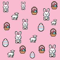 Cute Pixel Art Easter Pattern with Bunnies, Lambs, and Decorated Eggs with Pastel Theme vector