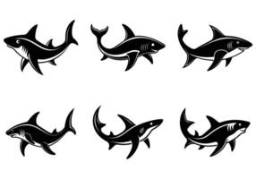 Six Different Shark Silhouettes Against a White Background vector