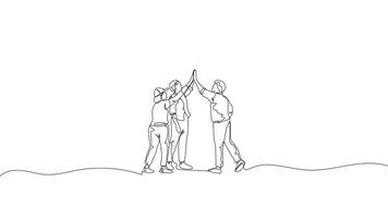 Hand-Drawn One-Line Animation of Three People Celebrating with a High Five, Minimalist Line Art, Continuous Outline Drawing, Concept of Teamwork, Friendship, and Shared Success. video