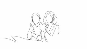 Hand-Drawn One-Line Animation of a Call Center Man Giving a Thumbs Up with a Woman Beside Him, Minimalist Line Art, Continuous Outline Drawing, Concept of Positive Communication and Support video