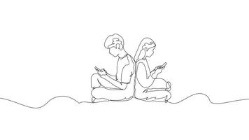 Hand-Drawn One-Line Animation of a Man and Woman Using Mobile Phones, Minimalist Line Art, Continuous Outline Drawing, Concept of Smartphone Attraction and Digital Engagement. video