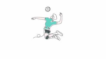 Hand Drawn OneLine Animation of a Man Jumping and Hitting a Volleyball in Action, Minimalist Line Art, Continuous Outline Drawing With Color, Concept of Sports and Athletic Performance. video