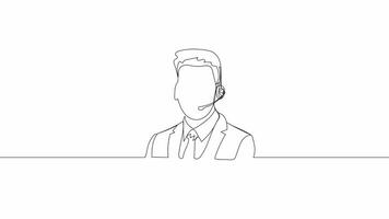 Hand-Drawn One-Line Animation of a Call Center Man Answering Calls, Minimalist Line Art, Continuous Outline Drawing, Concept of Customer Support, Communication, and Service. video