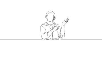 Hand-Drawn One-Line Animation of a Call Center Man in a Professional Setting, Minimalist Line Art, Continuous Outline Drawing, Concept of Communication, Client Assistance, and Service video
