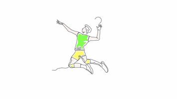 Hand-Drawn OneLine Animation of a Man Jumping and Hitting a Volleyball in Action, Minimalist Line Art, Continuous Outline Drawing With Color, Concept of Sports and Athletic Performance. video
