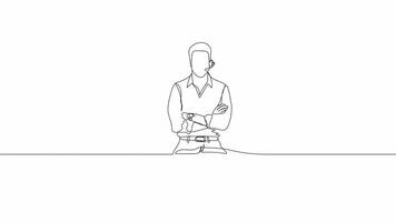 Hand-Drawn One-Line Animation of a Call Center Man Engaged in Customer Service, Minimalist Line Art, Continuous Outline Drawing, Concept of Communication and Support video