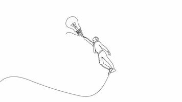 Hand-Drawn One-Line Animation of a Man Flying with a Light Bulb, Minimalist Line Art, Continuous Outline Drawing, Concept of Innovation and Business. video