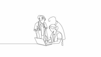 Hand Drawn One Line Animation of a Team of Doctors Analyzing a Disease Using a Laptop, Minimalist Line Art, Continuous Outline Drawing, Medical Research, Diagnosis, and Healthcare Progress video