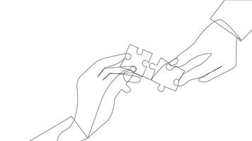 Hand Drawn One Line Two Hands Holding Jigsaw Puzzle piece. Animation Minimalist Line Art Continuous Outline Drawing of Jigsaw Puzzle Piece Business Concept video
