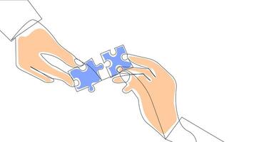 Hand Drawn One Line Two Hands Holding Jigsaw Puzzle piece. Animation Minimalist Line Art Continuous Outline Drawing of Jigsaw Puzzle Piece Fill With Color Business Concept video