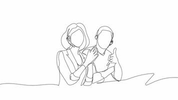 Hand-Drawn One-Line Animation of a Call Center Man Giving a Thumbs Up with a Woman Beside Him, Minimalist Line Art with Color, Continuous Outline Drawing, Concept of Teamwork and Support. video