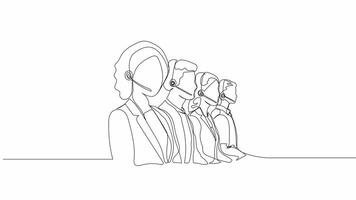 Hand-Drawn One-Line Animation of a Call Center Team Engaged in Assisting Customers, Showcasing Teamwork and Professional Support, Minimalist Line Art, Continuous Outline Drawing, video