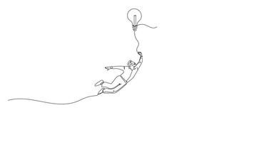 Hand-Drawn One-Line Animation of a Man Soaring with a Light Bulb, Minimalist Line Art, Continuous Outline Drawing, Concept of Inspiration and Business Innovation video
