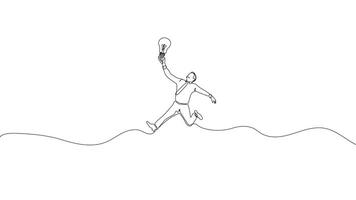 Hand-Drawn One-Line Animation of a Businessman Jumping with a Light Bulb, Minimalist Line Art, Continuous Outline Drawing, Concept of Innovation, Creativity, and Business Success video
