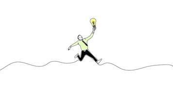 Hand-Drawn One-Line Animation of a Businessman Jumping with a Light Bulb, Minimalist Line Art, Continuous Outline Drawing With Color, Concept of Innovation, Creativity, and Business Success video