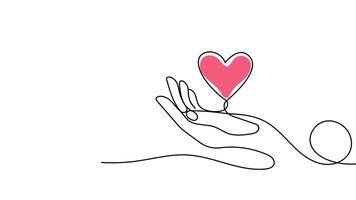 Hand-Drawn One-Line Animation of a Hand Holding the Symbol of Love, Minimalist Line Art, Continuous Outline Drawing, Concept of Care, Affection, and Compassion With Color video