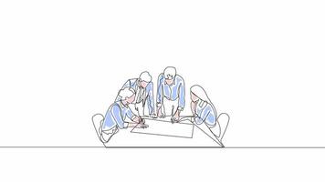 Hand Drawn One Line Animation of a Business Team Collaborating on Research, Minimalist Line Art With Color, Continuous Outline Drawing, Concept of Teamwork, Analysis, and Strategy. video