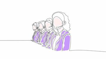 Hand-Drawn One-Line Animation of a Call Center Team Engaged in Customer Support, Minimalist Line Art, Continuous Outline Drawing With Color, Concept of Communication and Teamwork. video