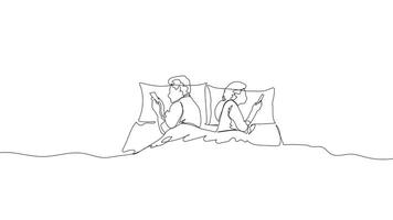 Hand-Drawn One-Line Animation of a Man and Woman Using Phones at Bedtime, Minimalist Line Art, Continuous Outline Drawing, Concept of Smartphone Attraction and Digital Distraction video
