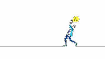 Hand-Drawn One-Line Animation of a Businessman Holding a Light Bulb, Minimalist Line Art, Continuous Outline Drawing With Color, Concept of Innovation, Ideas, and Creativity. video
