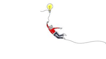 Hand-Drawn One-Line Animation of a Man Soaring with a Light Bulb, Minimalist Line Art, Continuous Outline Drawing With Color, Concept of Inspiration and Business Innovation video