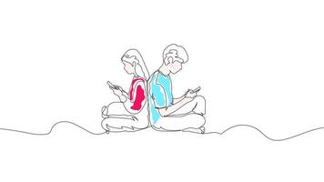 Hand-Drawn One-Line Animation of a Man and Woman Using Mobile Phones, Minimalist Line Art, Continuous Outline Drawing With Color, Concept of Smartphone Attraction and Digital Engagement. video