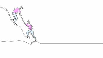 Hand-Drawn One-Line Animation of Businessman Line Art With Color Continuous Outline Drawing Businessman Holding Hands His Partner to Help Climbing the Hill.Concept of Teamwork video