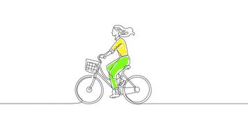 Hand Drawn One-Line Animation of Cycling Minimalist Line Art With Color Continuous Outline Drawing A Woman Riding Cycle, Enjoying Life video